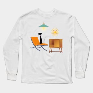 Vintage Cat Surrounded by Retro Furniture Long Sleeve T-Shirt